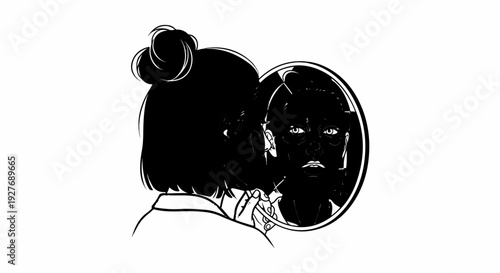 Woman with hair in bun looks at herself in mirror with intense gaze