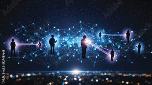 Silhouettes of people connected by glowing lines and stars in the night sky.