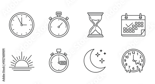 Various time-related icons including clocks, timers, and celestial bodies