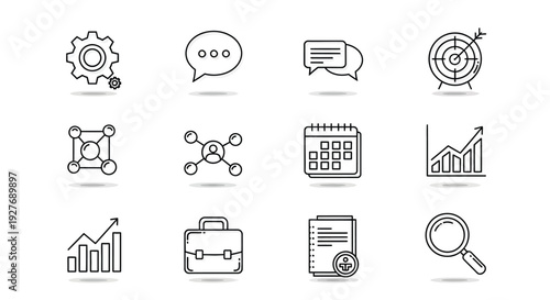 A collection of icons representing various business and analytical concepts