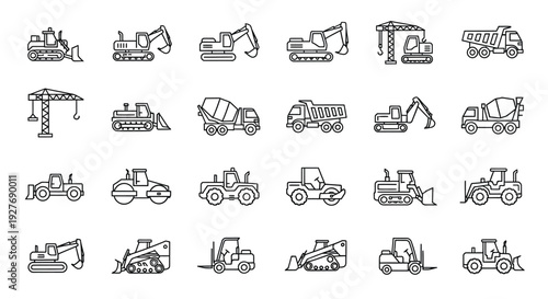 A diverse collection of construction equipment and vehicles in a single image