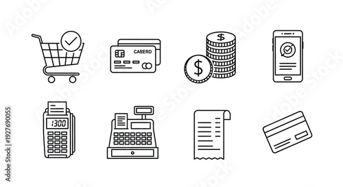 Various icons representing different aspects of financial transactions and commerce