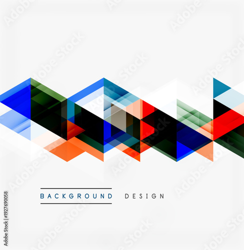 Abstract geometric shapes overlap, creating vibrant zigzag pattern. Blue, red, orange hues dominate white background. Modern design element.