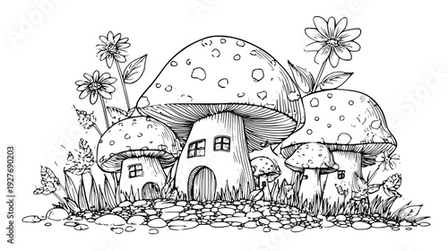 Woodland mushroom bundle showcasing petal roofs and porch, illustration set