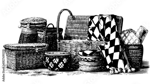 Woven picnic set with classic baskets and checked cloths, vector illustration set
