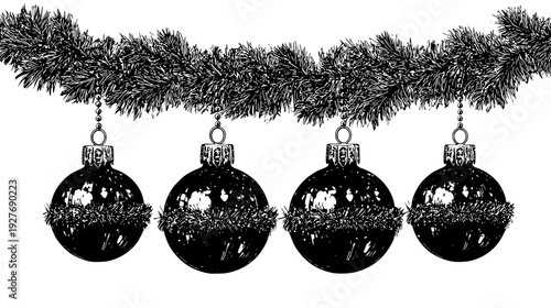 Yuletide ornament hanger family with shiny bulbs and tinsel, illustration set