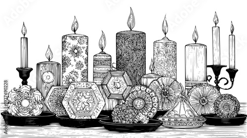 Altar candle family with varied heights and metal trays, vector set
