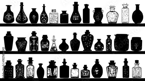 Apothecary shelf assortment with varied alchemy glass shapes, vector illustration set