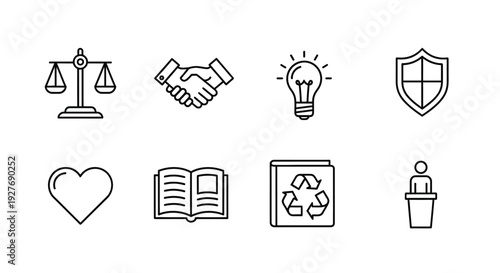 Icons representing various aspects of law, education, and environmental sustainability