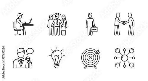 Illustrations of people, ideas, and concepts in a professional setting