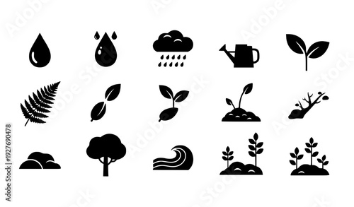 Nature hydration and botanical growth vector pack woodland vegetation silhouettes isolated on transparent background