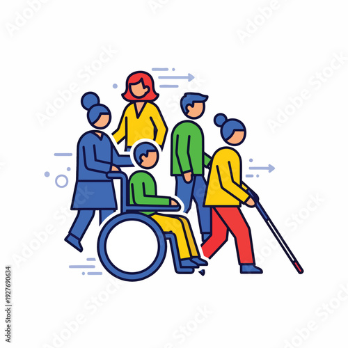 Diverse group helping disabled person.