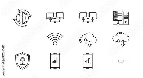 Illustration of various technological icons representing cybersecurity and digital connectivity
