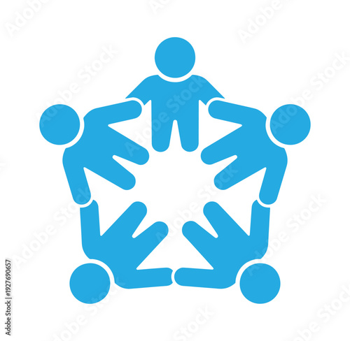blue human figures in a circle joining hands together in unity and cooperation
