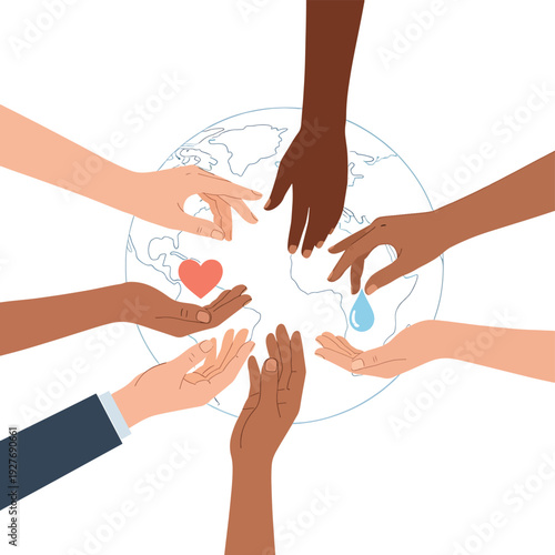 Diverse Hands Reaching for Globe and Symbols.