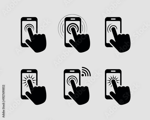 Collection of smartphone touch screen icons with finger tap and wireless signals