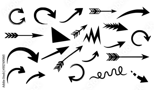 Abstract scattered scribbled directional arrow icons vector isolated on transparent background