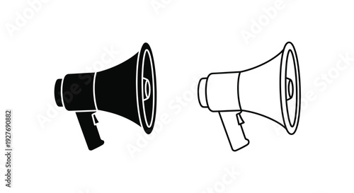 Two megaphone illustrations one solid black and one outlined in white