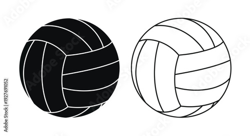 Two volleyballs presented in contrasting black and white line art styles