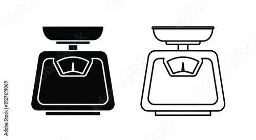 Two depictions of a classic mechanical scale in differing styles