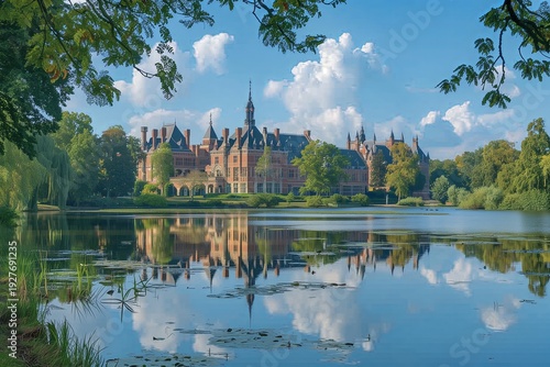 Peace Palace reflection on the pond in The Hague, home to the International Court of Justice, principal organ of United Nations