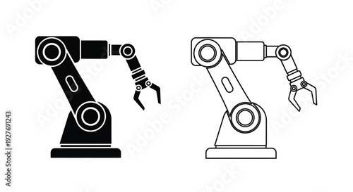 Two robotic arms depicted in a black and white linear style