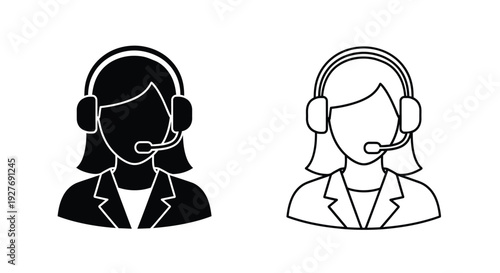 Two black and white icons depicting a woman wearing a headset