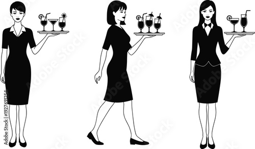Waitress Serving Cocktails on Tray Elegant Restaurant Staff Silhouette Vector Illustration Isolated on Light Background Collection Set
