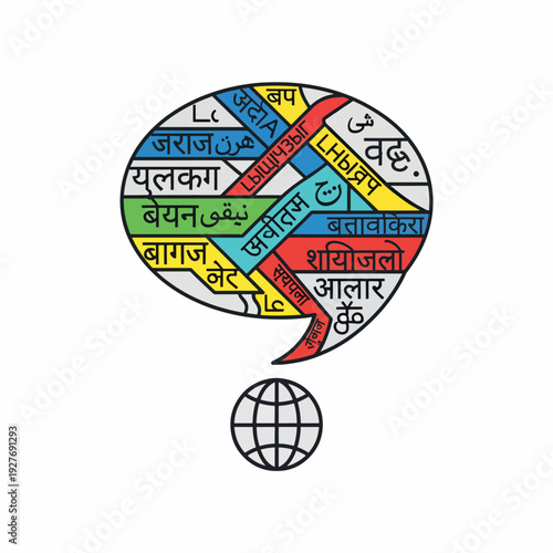 Multilingual Speech Bubble with Globe Icon.