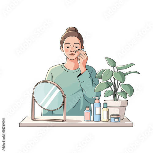Woman applying skincare products to face.