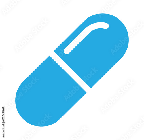 Blue medicine capsule pill icon on white background for health and medical concepts