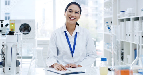 Obraz na plátně Portrait, happy woman and scientist in lab with checklist for research, pharma development or chemistry