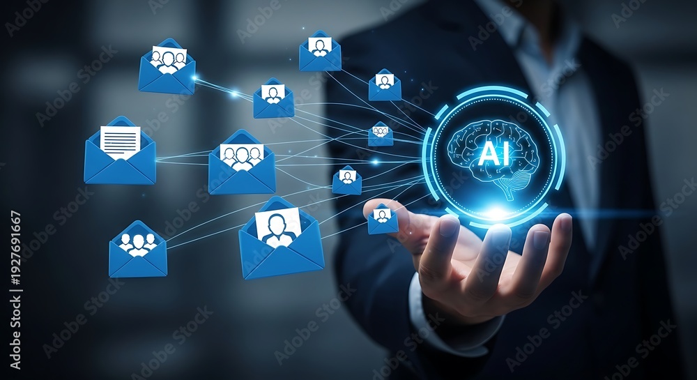 Fototapeta premium Businessman interacting with A I brain and connected email artificial intelligence