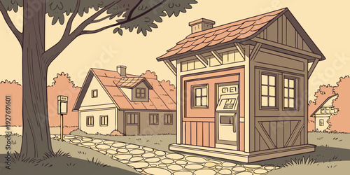 A serene countryside scene with a rustic house and lush greenery. Vector