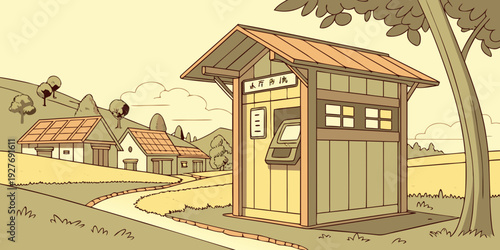 A quaint wooden train station with a clock tower and platform in a rural setting. Vector
