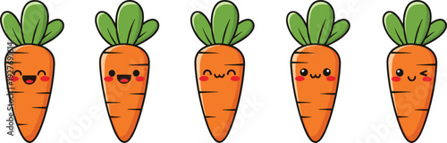 Cute Kawaii Carrot Characters Set with Funny Faces Cartoon Vegetable Illustration Collection Isolated on Light Background