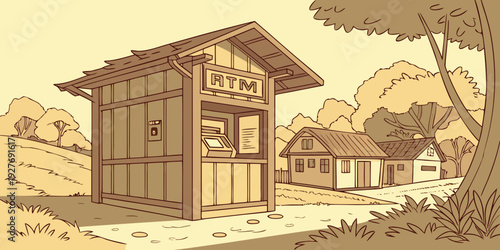 A rustic cabin nestled in a serene woodland setting with a horse grazing nearby Vector