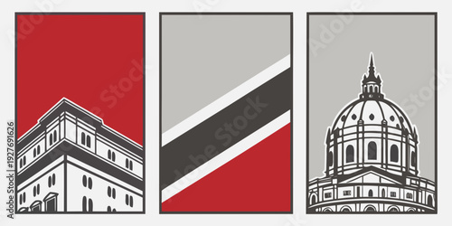 Three distinct architectural structures in a row, each with unique design and color. Vector