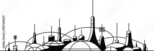 Abstract futuristic city skyline with complex architectural designs and interconnected dome structures