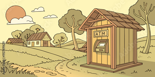 A rustic wooden cabin nestled in a serene forest landscape with a clear blue sky. Vector