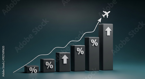 A 3D graph showing a steady increase in percentage with an airplane flying upwards