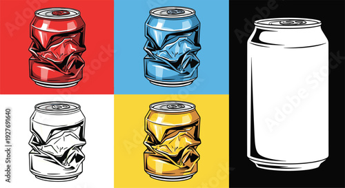 Crushed soda can vector illustration set with colorful pop art style aluminum cans and clean outline version isolated on contrasting backgrounds