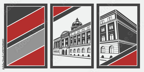 A collage of three images featuring a red and black striped pattern, a building, and a modern structure. Vector