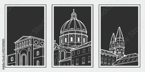 Three distinct architectural structures showcasing unique designs and styles. Vector