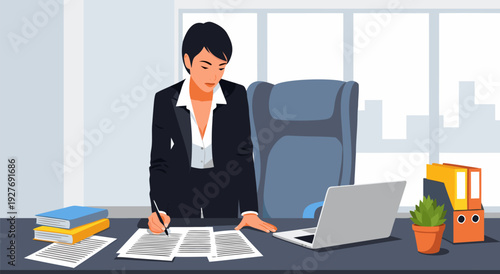 Professional cartoon illustration of focused woman working at desk in bright office vector illustration