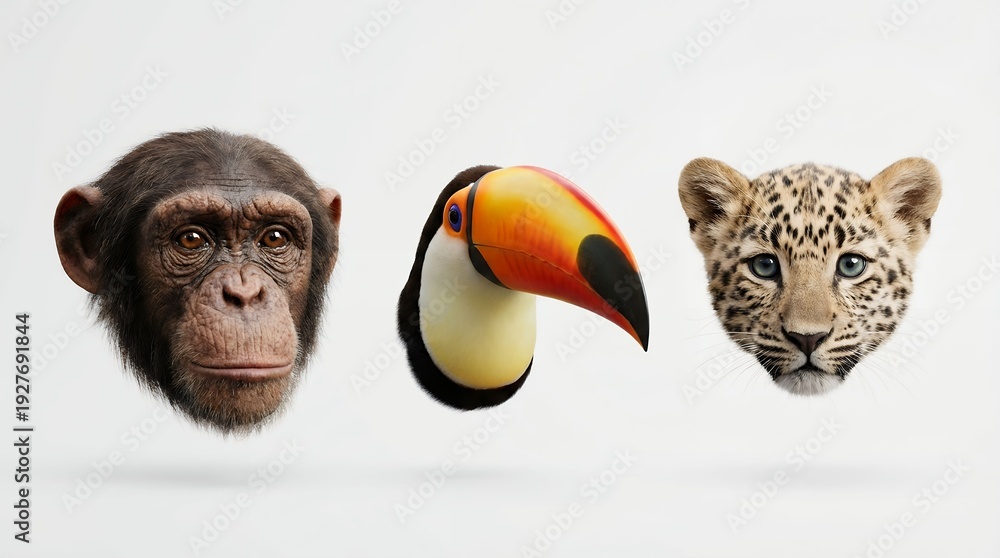 Obraz premium Wildlife portrait featuring a chimpanzee, toucan, and leopard cub against a white background