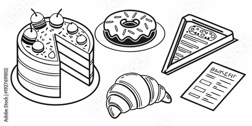 Assorted pastries and desserts displayed on a table with coffee Vector