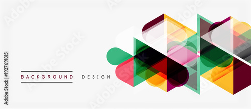 Abstract geometric shapes overlap, creating vibrant modern design. Colors include green, red, orange, yellow, plus translucent elements.