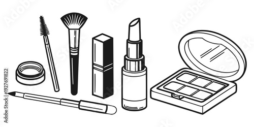 A collection of makeup brushes, powders, and other beauty products arranged neatly on a surface Vector