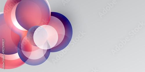 Abstract circles overlap, creating vibrant pinks, purples, whites. Gradient background transitions from black to gray. Modern design element.